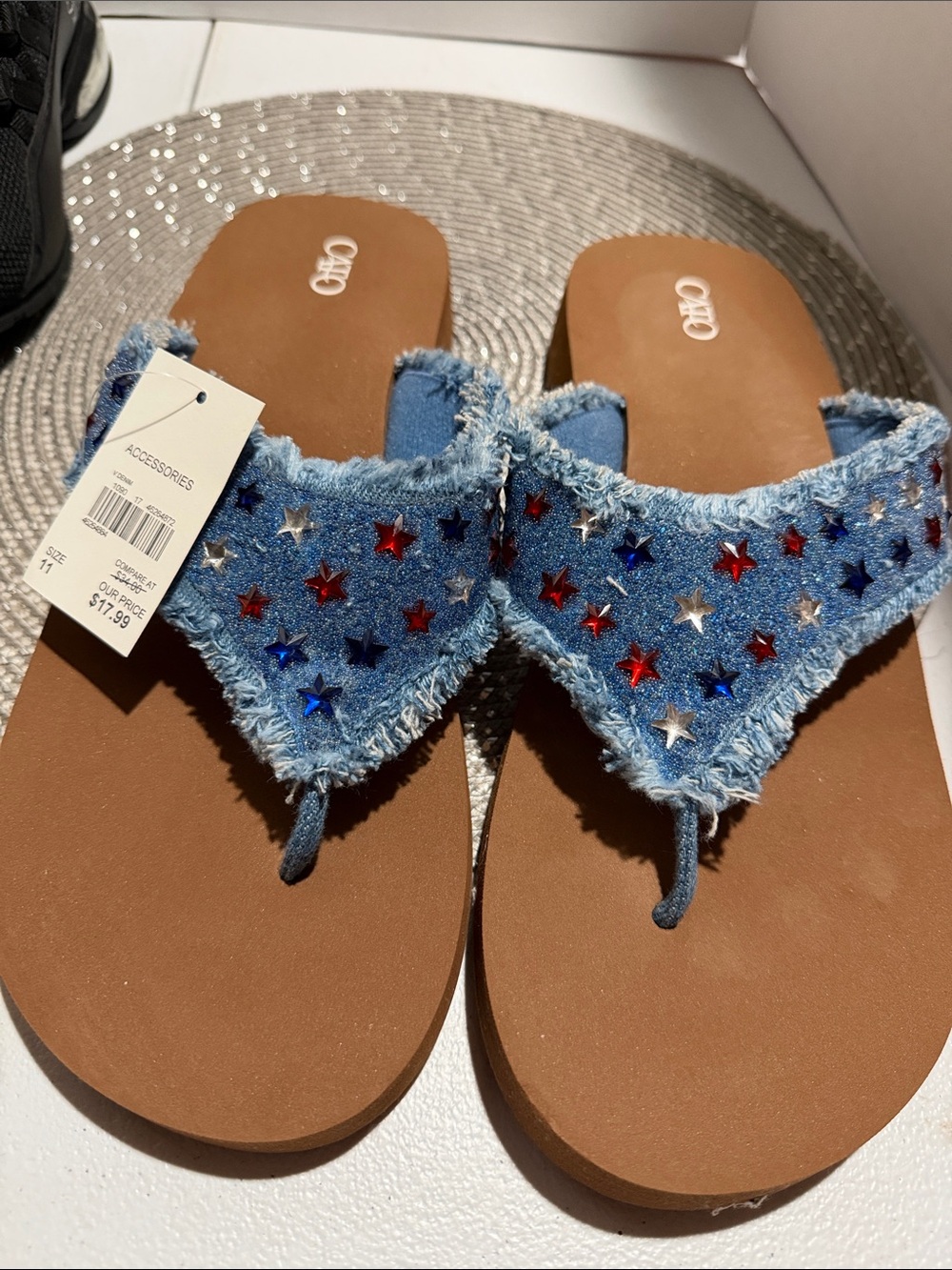 Denim Star Embellished Thong Sandals - Blue